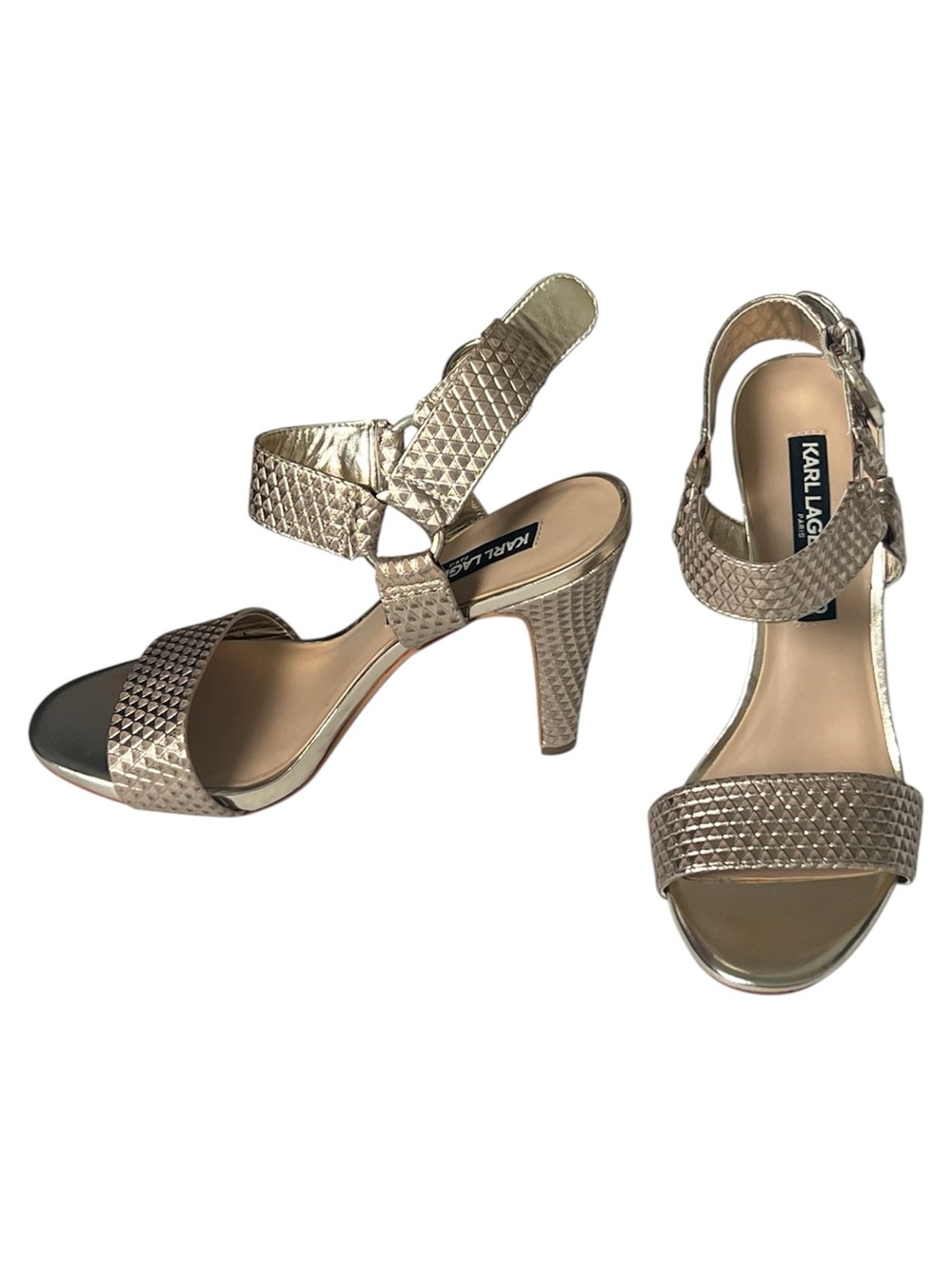 KARL LAGERFELD PARIS Cieone Gold Leather Ankle Strap Dress Sandals - Size 7-7.5